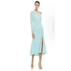 New NWT Mac Duggal 26485 Foldover Long Sleeve Jeweled Midi  Dress ($498) Sz 10